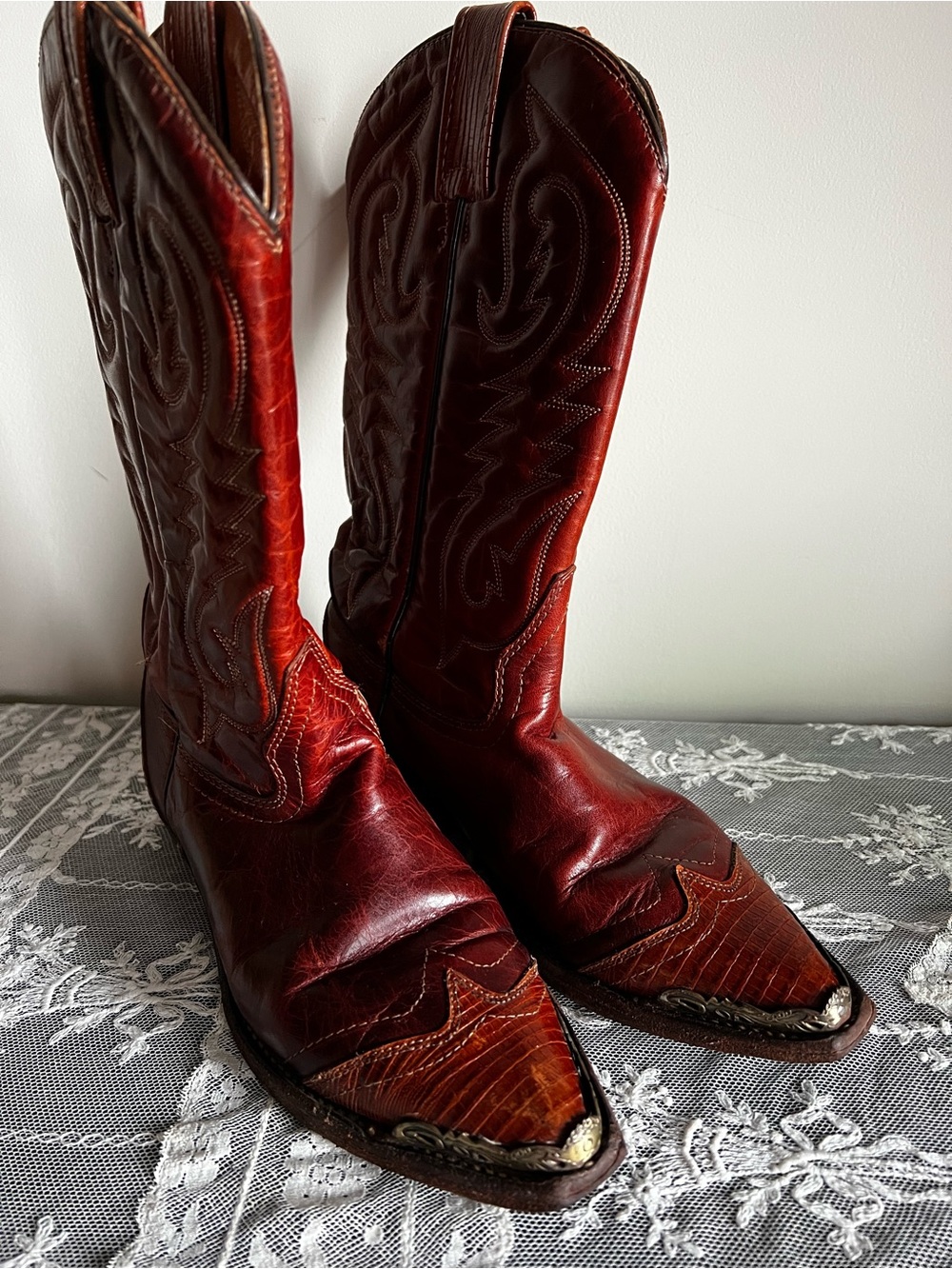 Vintage Boulet Women’s Cowgirl Boots Caiman Belly Leather Metallic Toe Rands 6.5